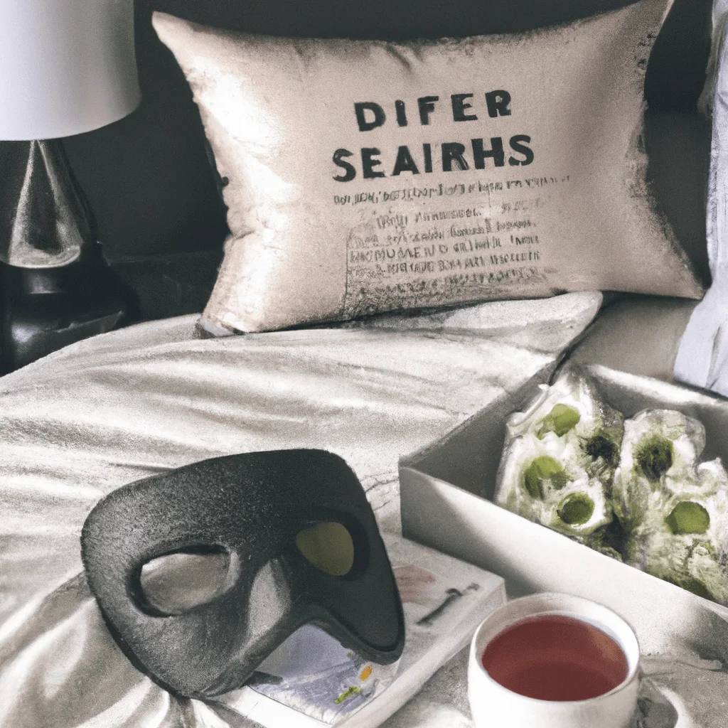 Ge of a serene bedroom with a comfortable bed, blackout curtains, essential oil diffuser, a sleep mask, earplugs, a white noise machine, and a nightstand with a book and a cup of chamomile tea