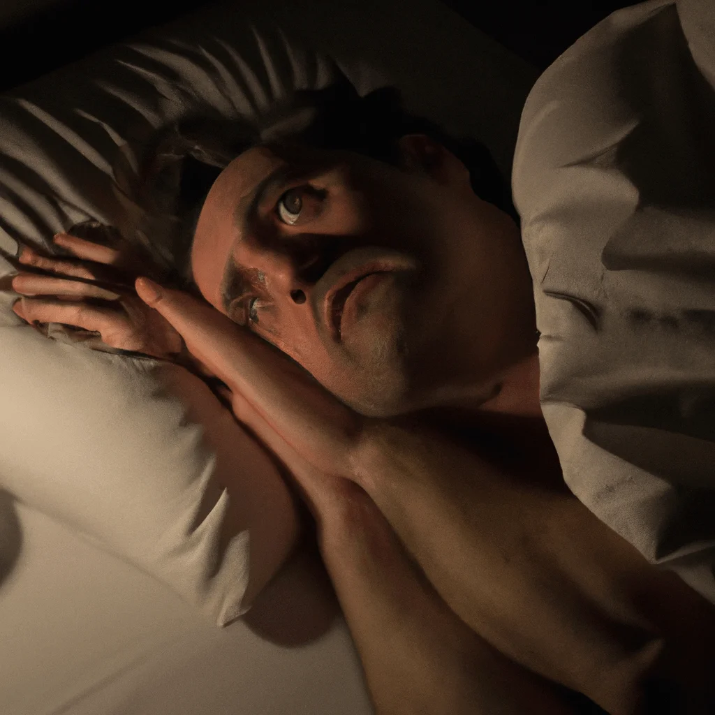 N lying in bed, illuminated by moonlight, with their head propped up on one arm, looking worried and exhausted