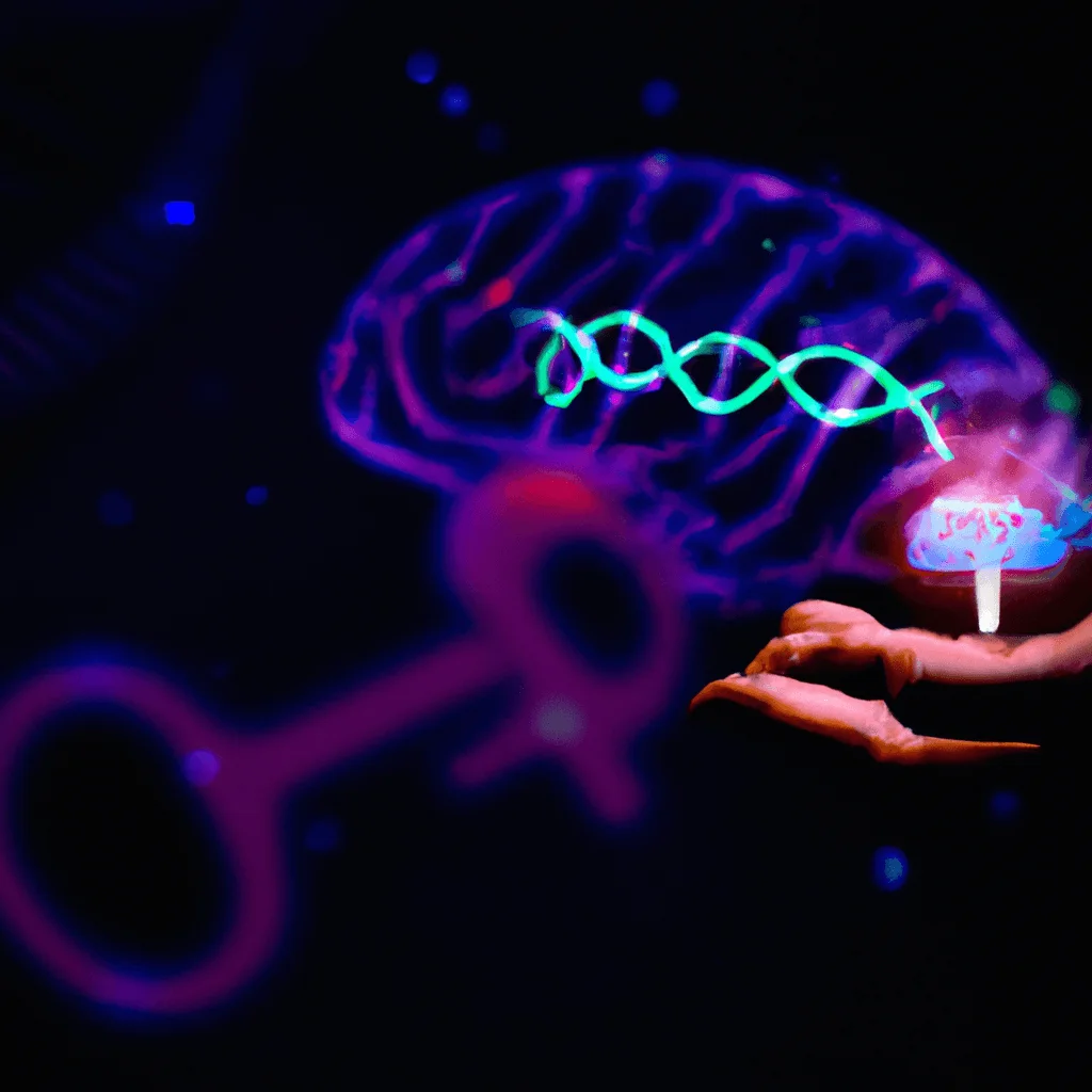 brain lit up with electrical signals, a hand holding a key near it, symbolizing unlocking