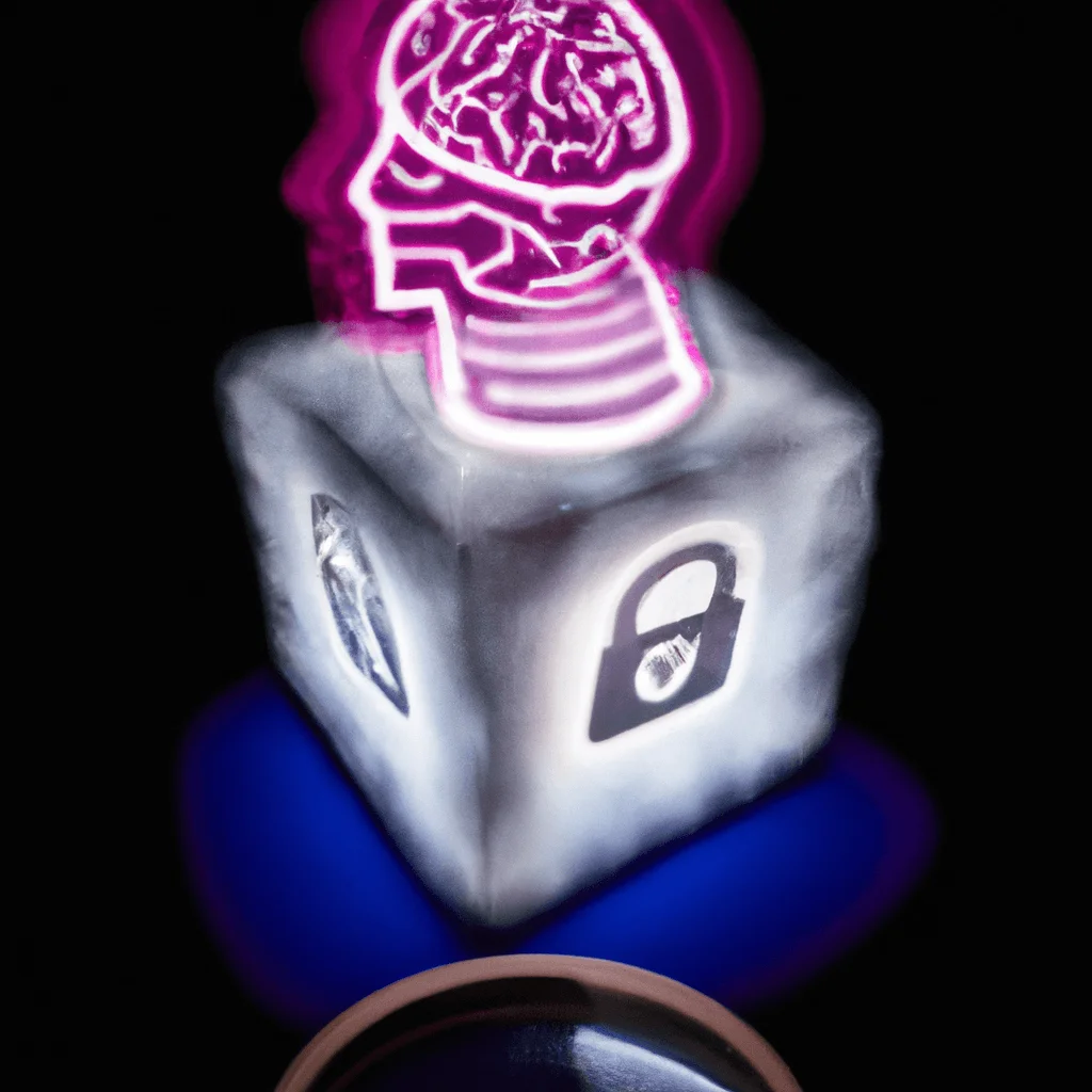 Uminated human brain encased in a transparent cube, with intricate digital codes flowing into it, symbolizing the unlocking process and a magnifying glass focusing on the frontal lobe