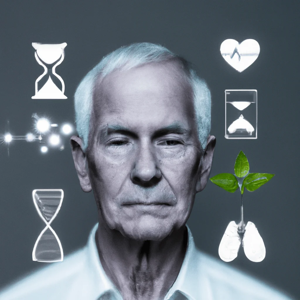 Erly person with a sharp, glowing brain, surrounded by biohacking icons like DNA strands, circuit-like neurons, and healthy plant-based foods, all against a backdrop of an hourglass