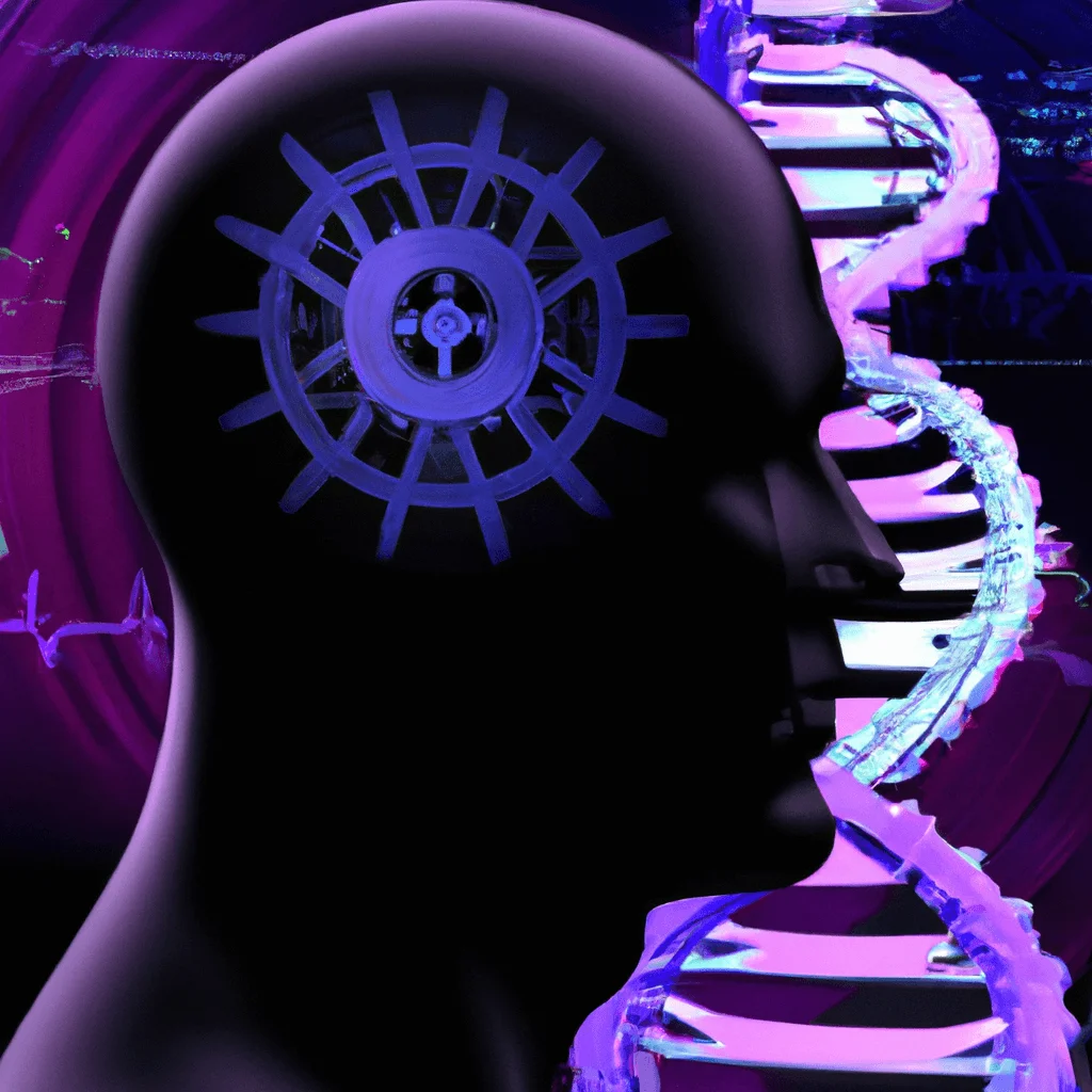 Human head in profile, brain illuminated with glowing circuits, overlaid with symbols of DNA helix, neurons, and a cogwheel, all against a crisp, modern cybernetic background