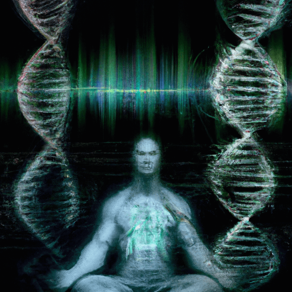 Biohacking For Stress Reduction 1 Ge depicting a serene individual meditating, surrounded by floating digital code and holographic images of DNA strands, brainwaves, and heartbeats