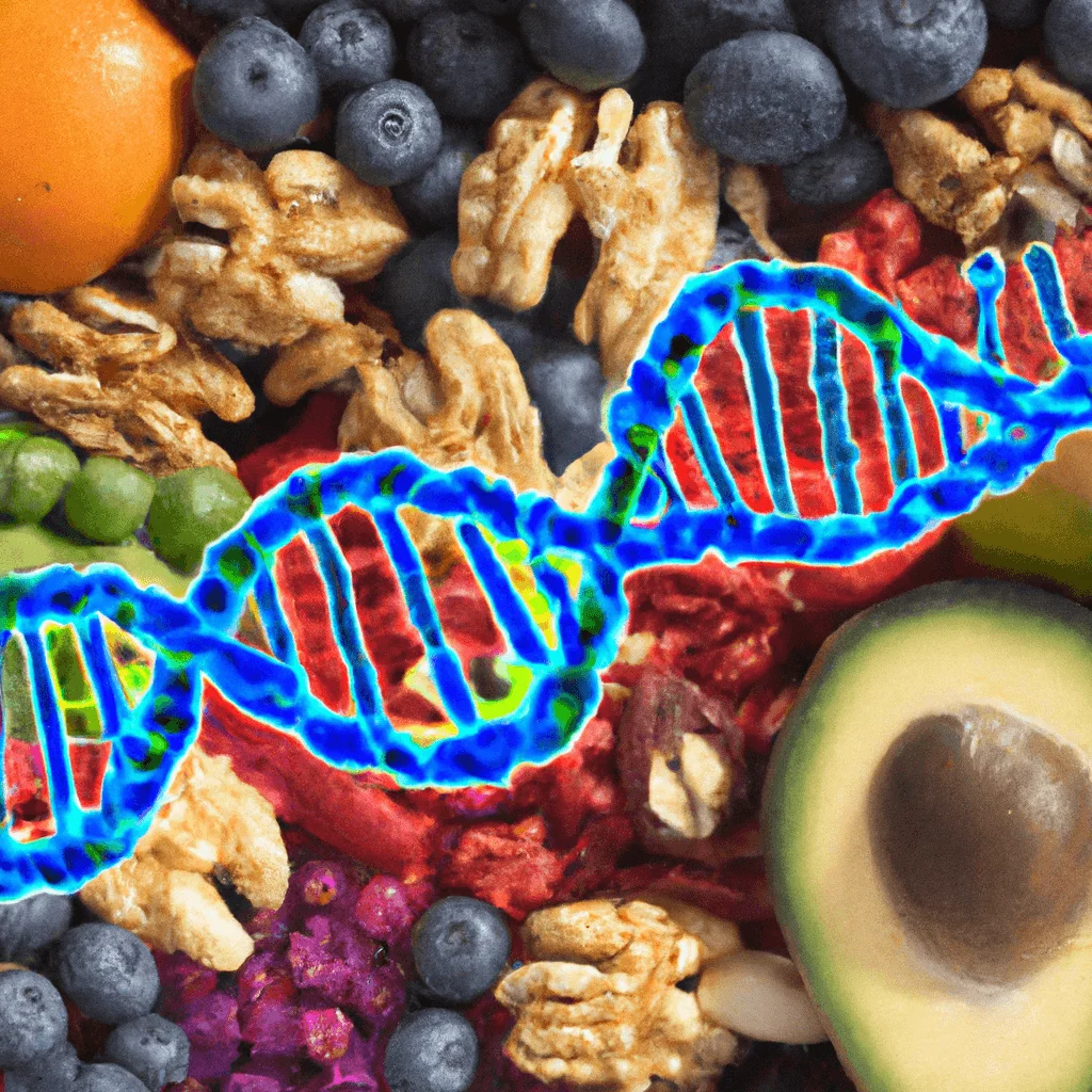 Biohacking Your Diet For Brain Health 1 made of various superfoods (like avocados, blueberries, walnuts) connected with vibrant electrical pulses, on a backdrop of a DNA double helix made from fruits and vegetables