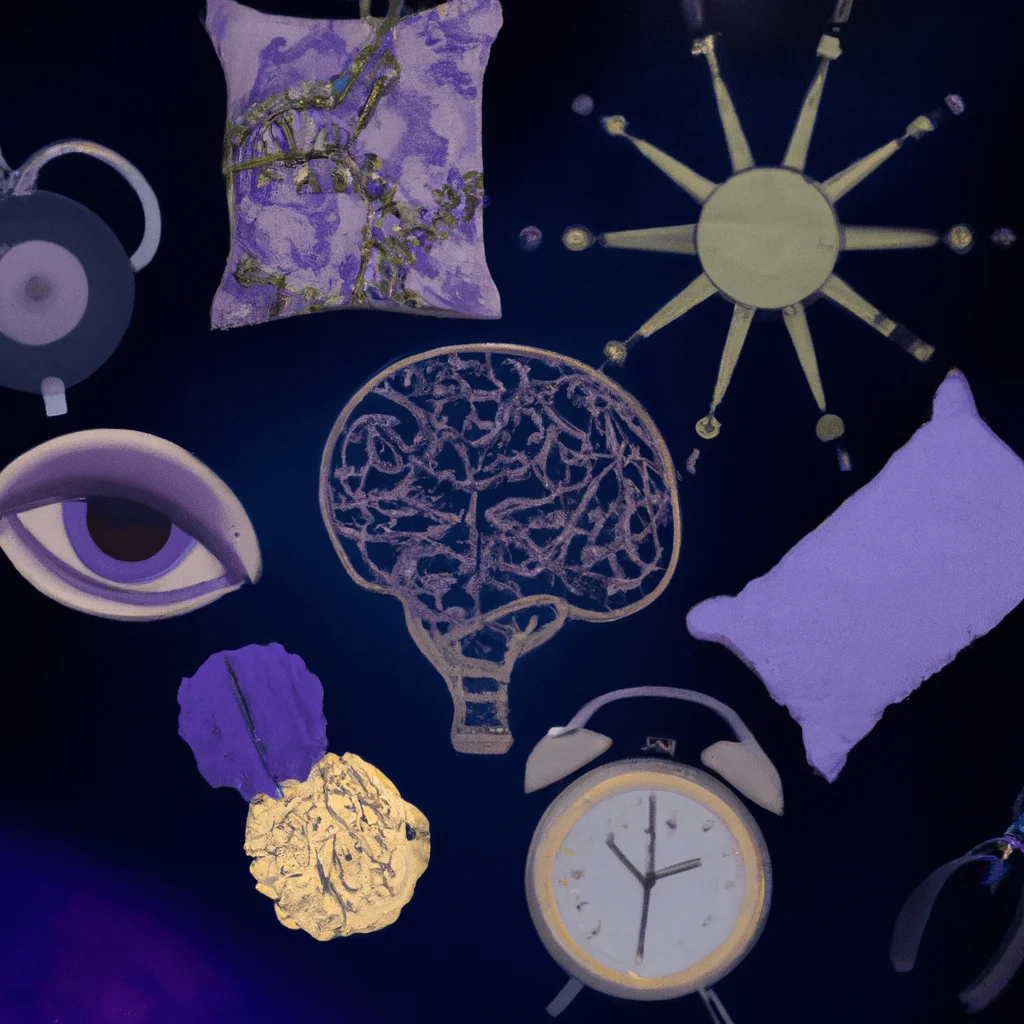Boost Your Brain Power With These 7 Sleep Hacks 1 An image featuring a brain glowing with energy, surrounded by seven different symbolic sleep objects like a moon, pillow, dream catcher, alarm clock, lavender, sleeping mask, and a star