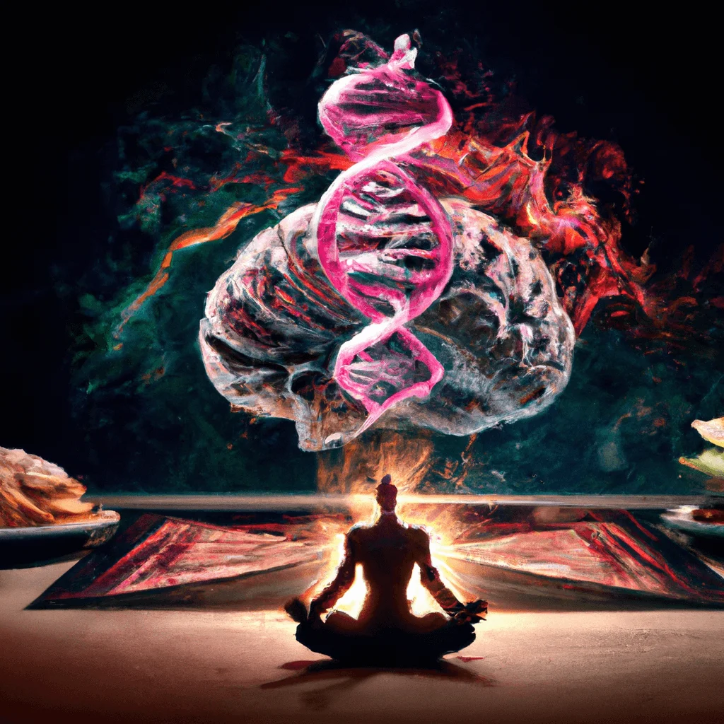 lit with electric sparks, a DNA helix spiraling nearby