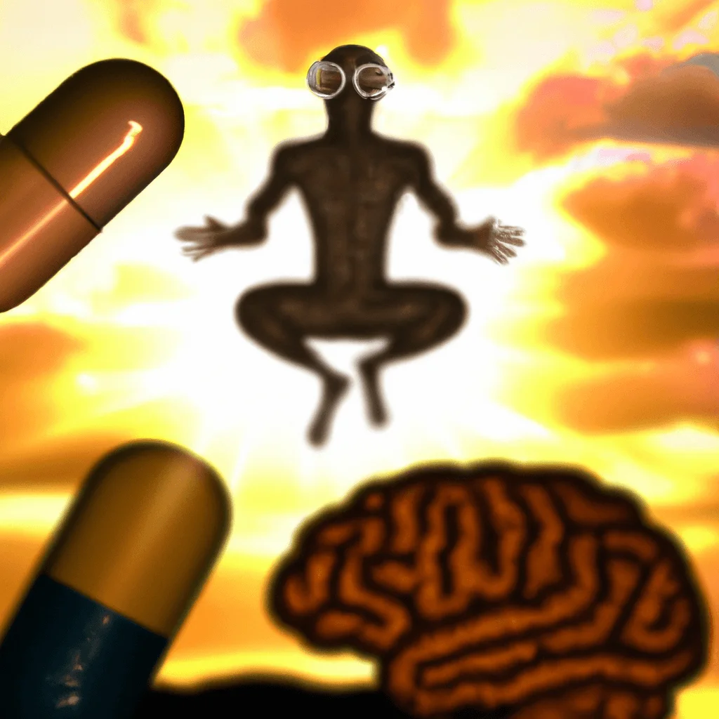 Cognitive Function Optimisation: Biohacks for a Smarter Brain 1 Glowing brain with intricate circuitry, a pair of spectacles, a pile of omega-3 capsules, an athlete mid-jump, and a meditating silhouette, all against a backdrop of a sunrise