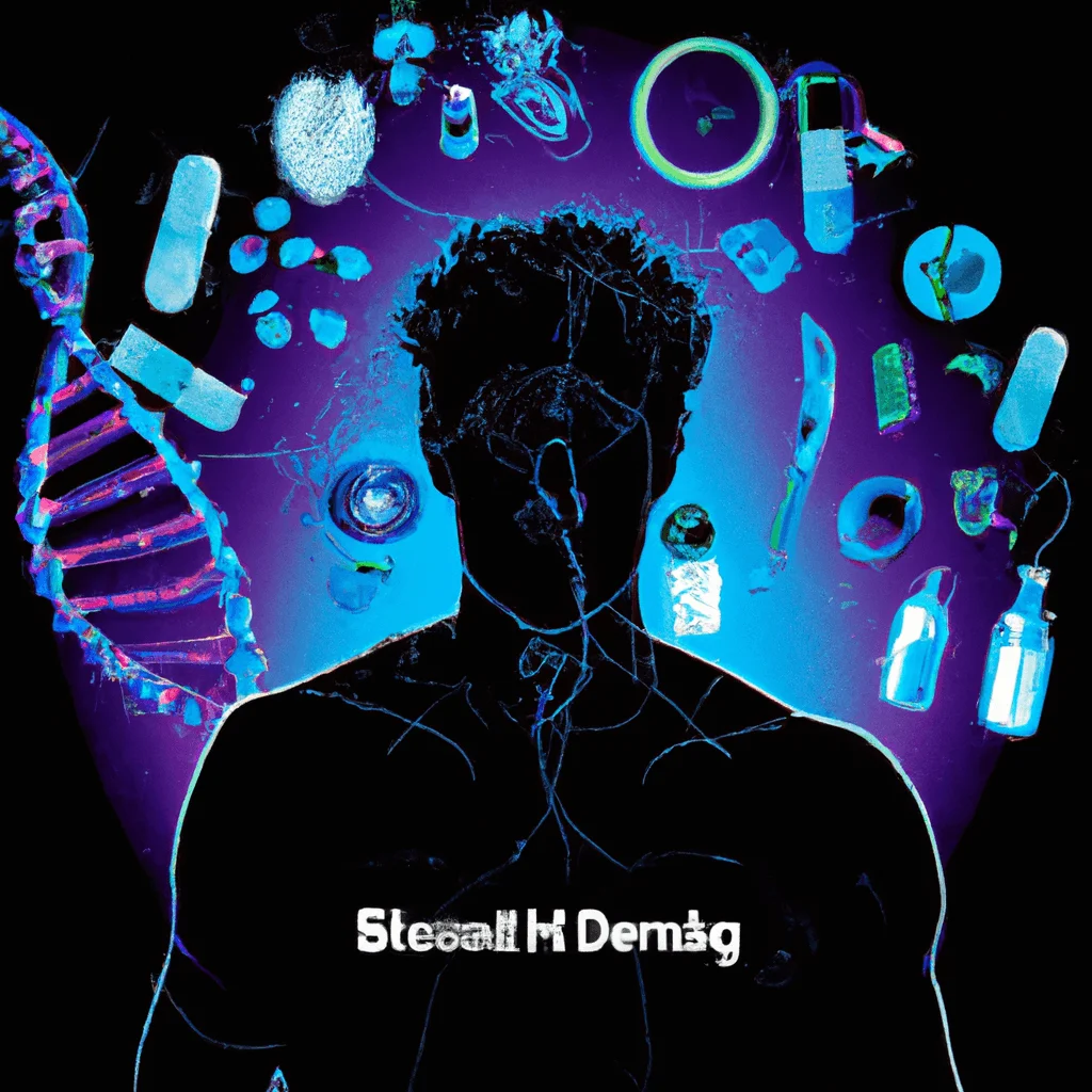 Ge showing a futuristic human silhouette surrounded by health icons, DNA helixes, and biohacking tools like brain sensors, sleep trackers, and nutrient supplements, all in a harmonious blend