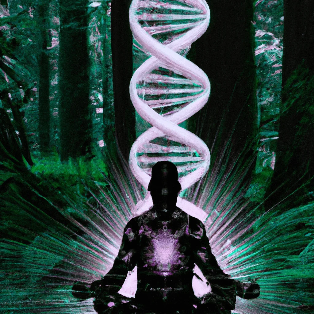 serene person in lotus pose meditating, with glowing brainwaves, surrounded by DNA helixes and nano-tech imagery, against a backdrop of a tranquil forest scene