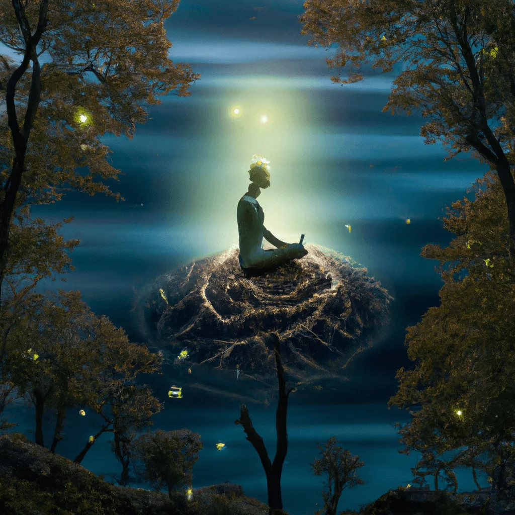 E landscape with a figure meditating on a floating brain, surrounded by glowing neurons, symbolising the connection between mindfulness and cognitive performance