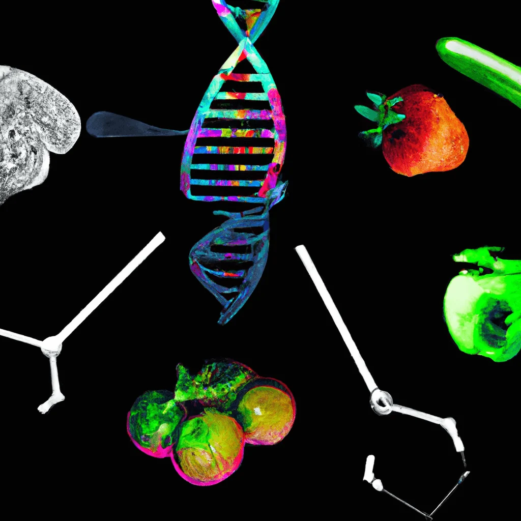 Ize a DNA strand interweaved with various health symbols (like fruits, vegetables, dumbbells, and brain), all being adjusted by microscopic tools, representing personalized biohacking interventions