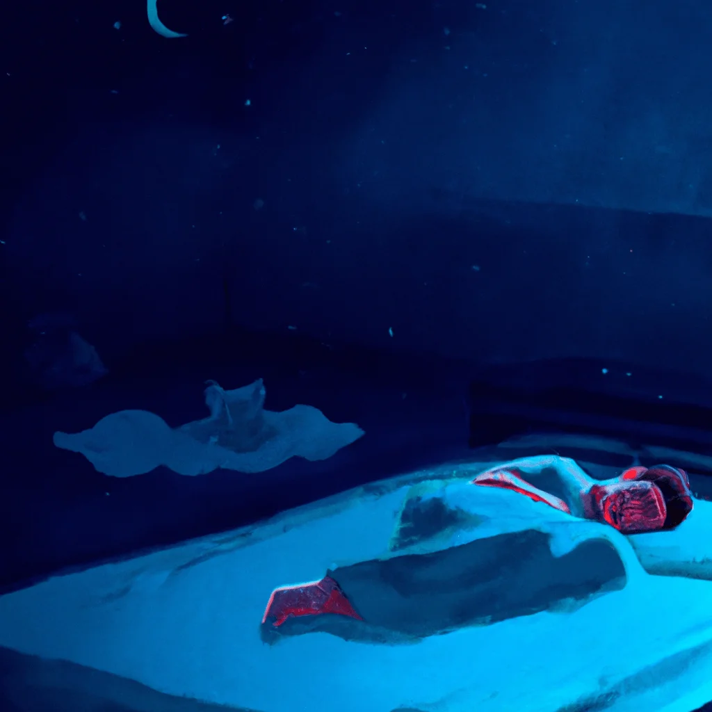 An image of a person lying in bed with their eyes closed, surrounded by a peaceful, moonlit atmosphere