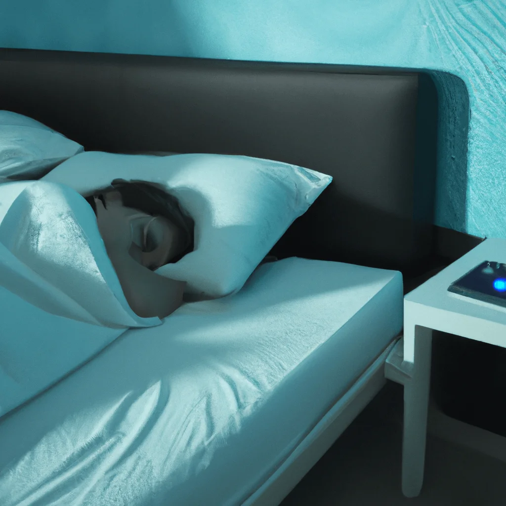 E of a serene bedroom with blue hues, a high-tech sleep tracking device on the bedside table, and a person with biometric sensors, peacefully sleeping in an optimal position