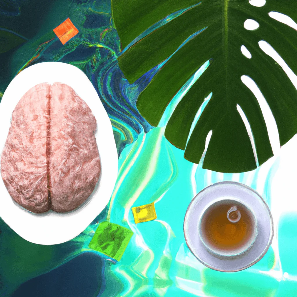 Stress Management For Brain Optimisation 1 Ge of a calm, serene brain floating in clear water, surrounded by symbols of relaxation such as a yoga mat, herbal tea, and peaceful green foliage