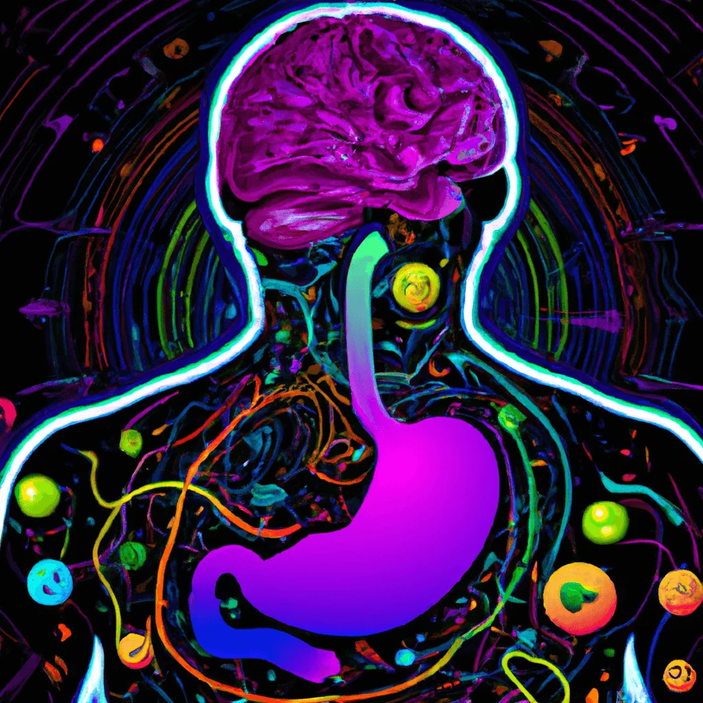 The Gut-Brain Connection: Biohacking Your Microbiome 1 Ate a silhouette of a human body, with a vibrant brain interconnected with a stomach filled with diverse, colorful microbiomes, surrounded by futuristic biohacking symbols