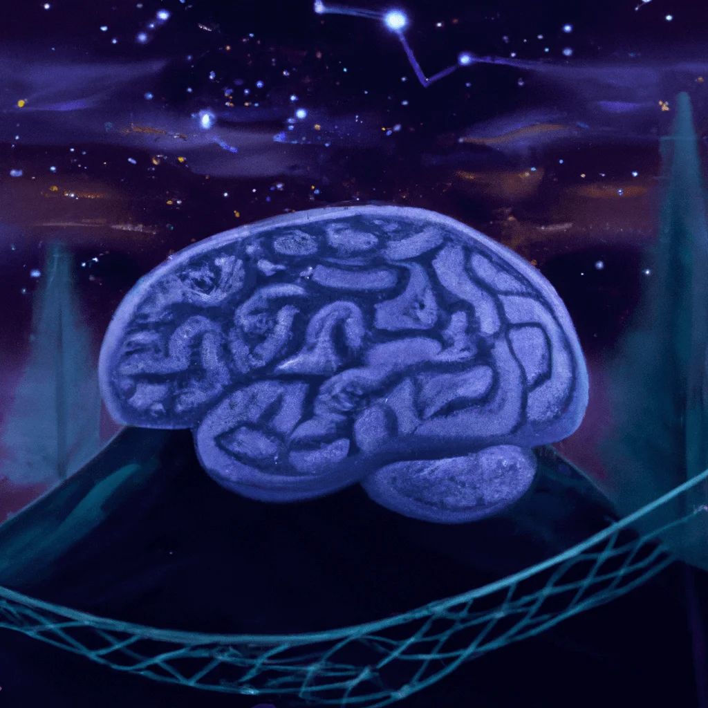 The Vital Connection: Exploring the Importance of Sleep for Brain Health 1 Ate a brain peacefully resting in a moonlit landscape, with stars symbolizing neurons, connected by glowing threads, signifying the revitalizing effects of sleep on brain health