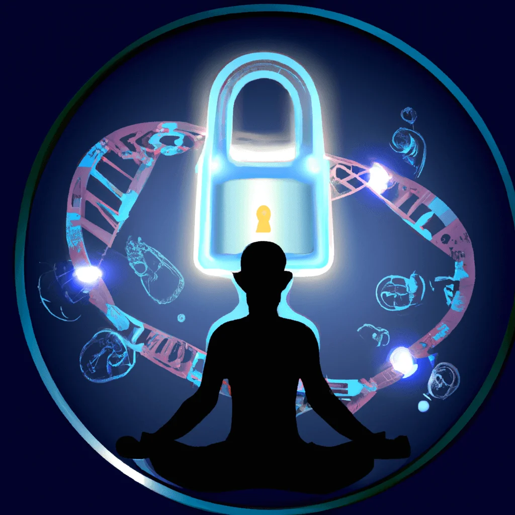 Unlock Your Cognitive Potential: Biohacking For Enhanced Brain Function 1 Ze a glowing brain inside an open padlock, surrounded by icons of DNA helix, neurons, and microchips, all set against a background of a human silhouette meditating