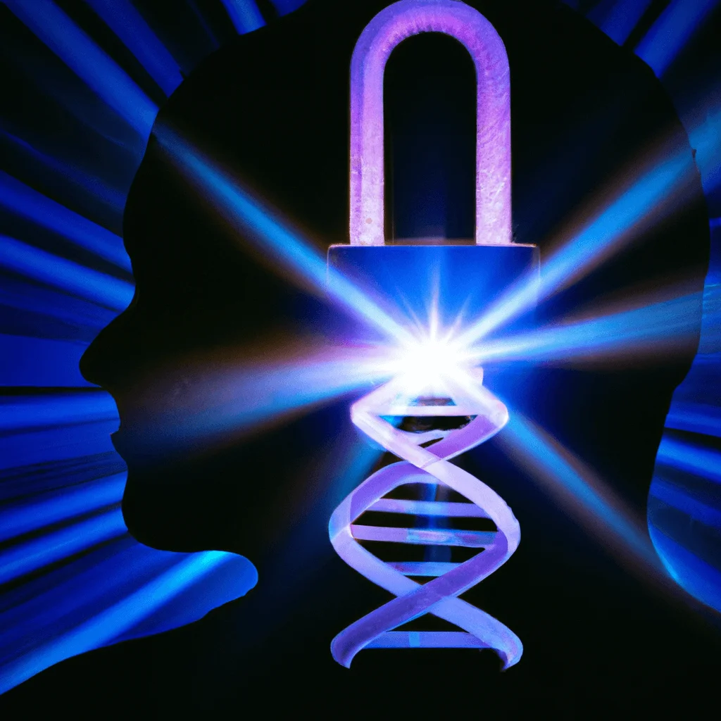 Unlocking Your Potential: What Is Biohacking and How It Can Transform Your Life 1 Human silhouette with an open padlock at the brain area, with radiating light and DNA strands, symbolizing unlocking potential through biohacking