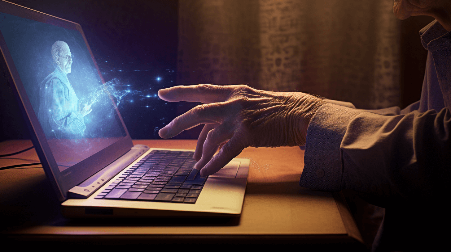 Alzheimer's and Long-Distance Caregiving: Overcoming Challenges 1 An elderly person's hand reaching towards a computer screen displaying a caring, smiling caregiver, symbolizing long-distance care for Alzheimer's, with both surrounded by subtle barriers that are being overcome.