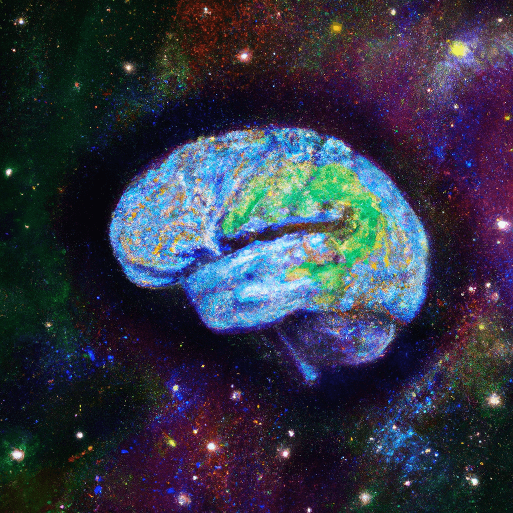 Mind Bending: Unlock the Mysteries of Brain Function 1 N, 3D human brain with colourful, glowing neural pathways, implying activity and complex functions, set against a mysterious cosmic backdrop filled with stars and galaxies