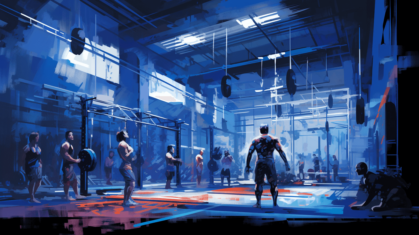 Improve CrossFit Performance with Methylene Blue Before or After Workout Intensity 1 An image showcasing a vibrant gym setting with athletes engaged in intense CrossFit workouts, while Methylene Blue's blue hue subtly infuses the scene, symbolizing increased endurance and performance.