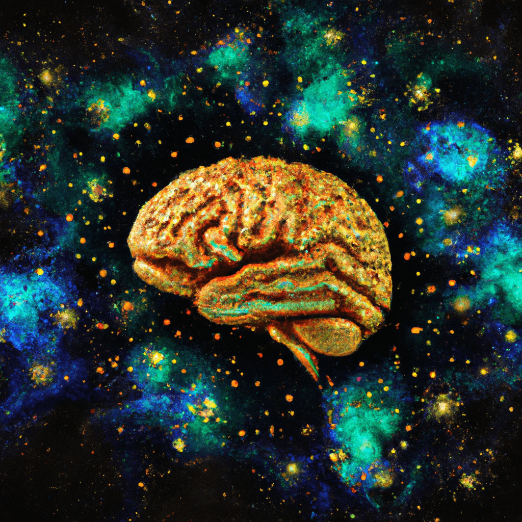 Nurturing Brain Health: Mitochondria, Free Radicals, and Antioxidants 1 Icate, glowing brain surrounded by vibrant mitochondria, free radicals depicted as chaotic sparks, and antioxidants shown as protective orbs, all set against a dark, starry background symbolising the cosmos of brain health