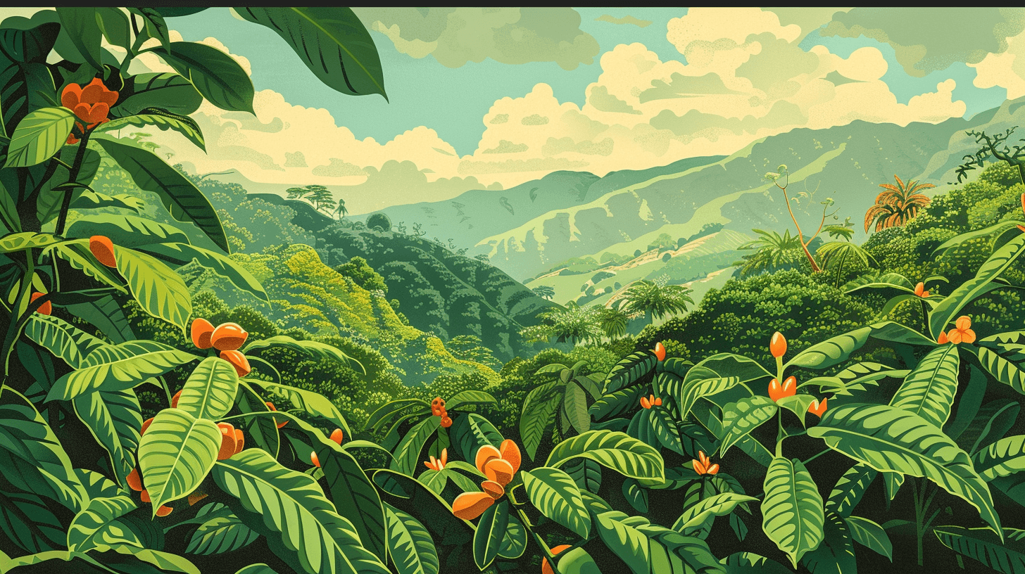 Coca Plant (Erythroxylum Coca): Historical Uses and Cultural Significance 1 a vibrant, lush coca plant in its natural environment, with depictions of historical uses like chewing and tea brewing, and symbols of its cultural significance in the background.