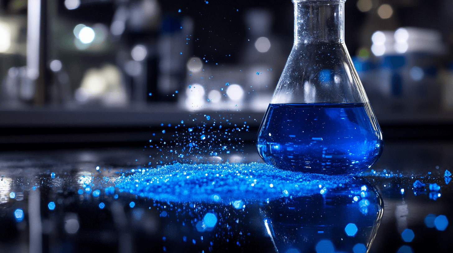 Unlocking the Potential of Methylene Blue for Health Benefits 1 A crystalline blue powder cascades across a black marble surface, creating delicate rivulets that catch studio lighting. Tiny methylene blue crystals sparkle like sapphire stardust, while a glass beaker in soft focus contains an ethereal azure solution. Droplets of the vibrant liquid form perfect spheres on the polished stone, reflecting the laboratory's sterile gleam.