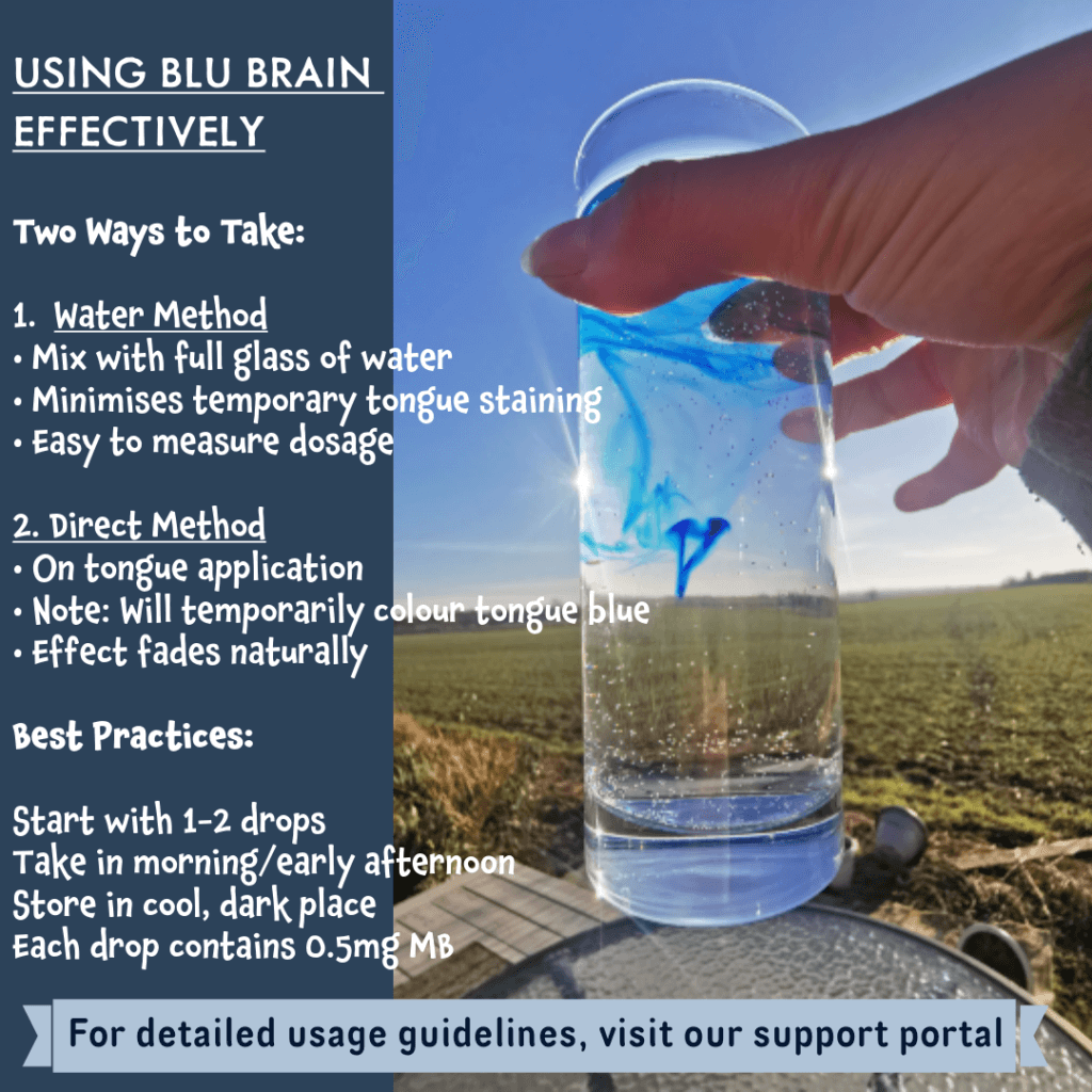 Exploring Methylene Blue: Benefits and Considerations 4 Blu Brain methylene blue in a glass of water.