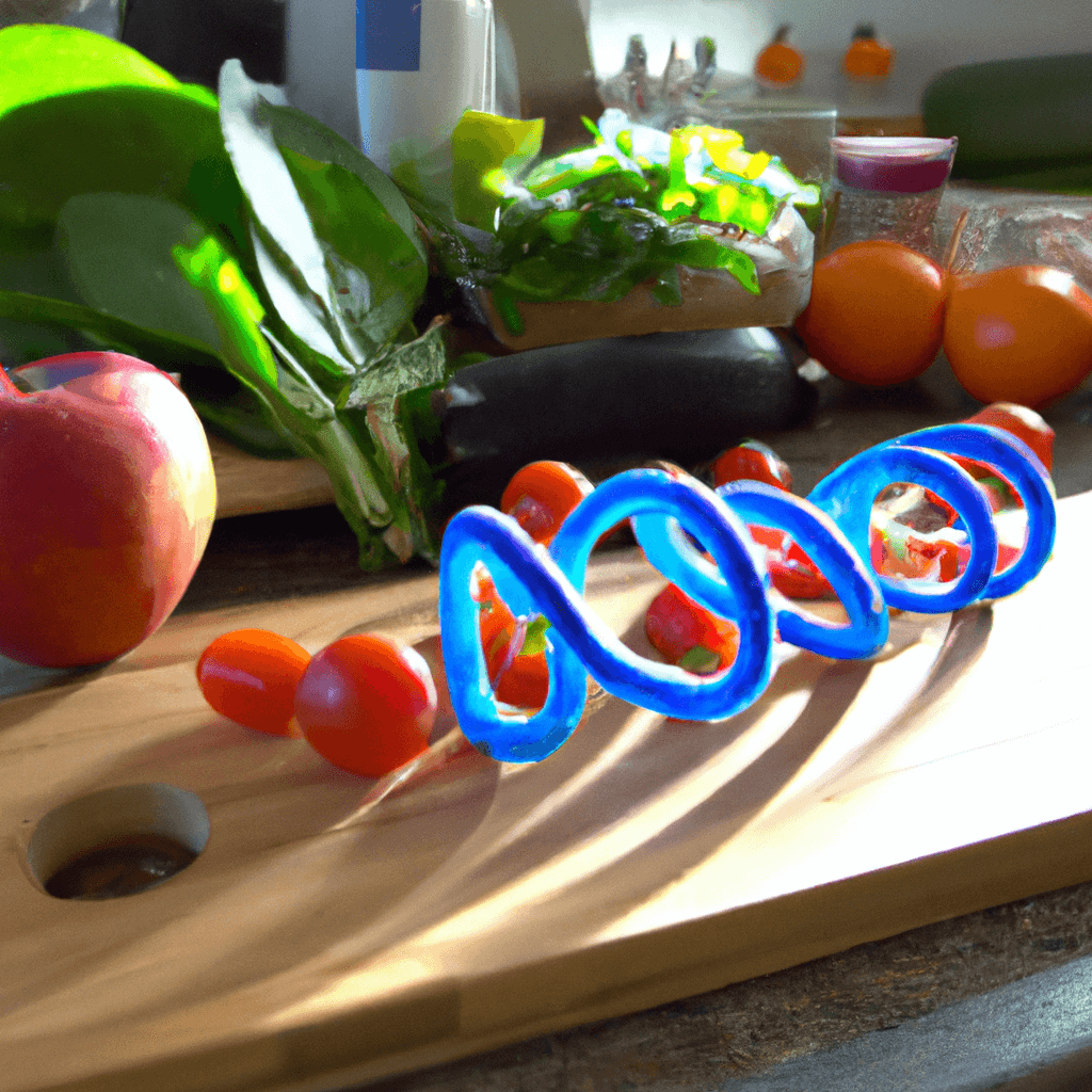 Ouble helix, rendered in vibrant blue bioluminescence, spirals upward from a wooden cutting board laden with fresh produce