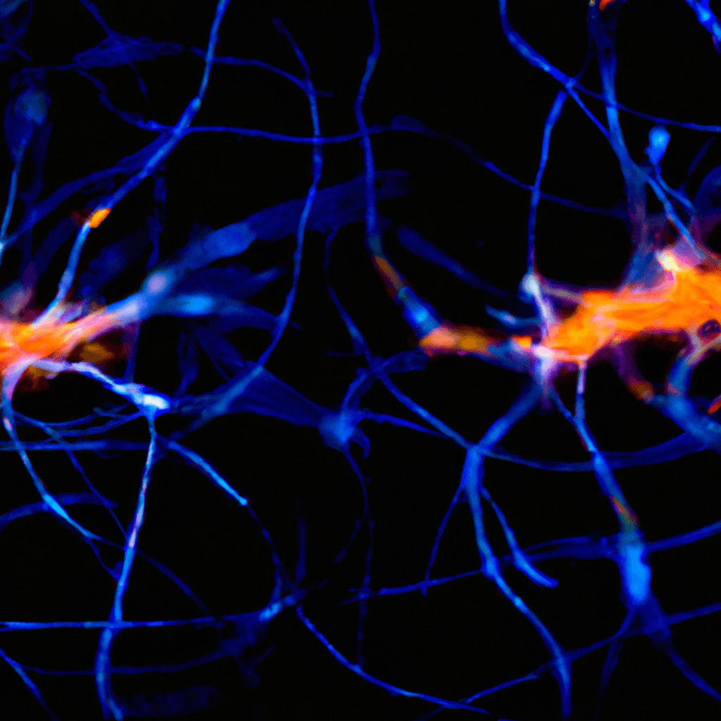 Unlocking the Gut-Brain Connection for Better Health 1 a macro lens, two delicate neural fibers intertwine like glowing threads against a dark background, one colored in soft blue representing the brain, the other in warm amber representing the gut