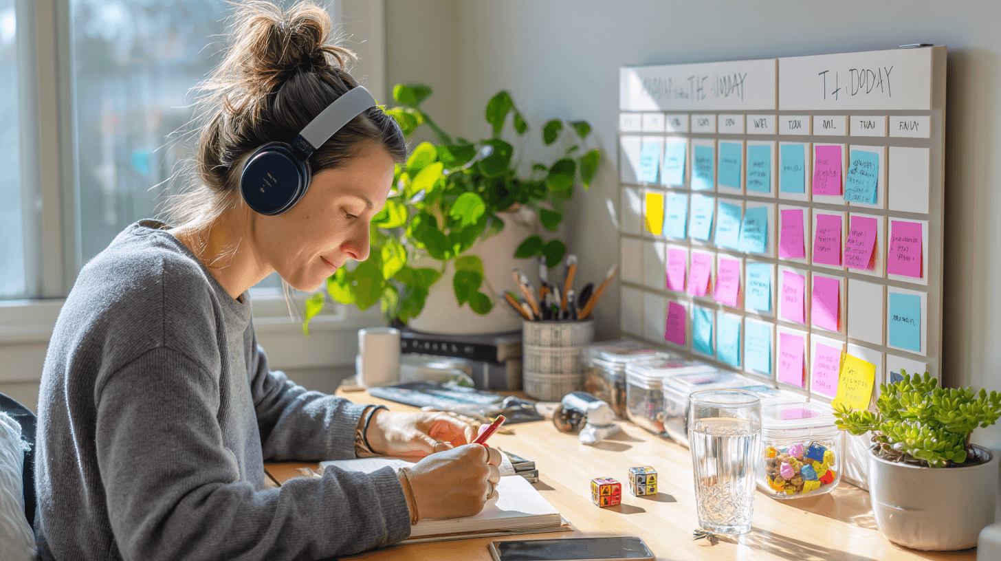 Essential Add ADHD Help Strategies for Better Focus and Well-Being 1 A person sits at a clean, organized desk bathed in natural light. They're arranging colorful sticky notes on a wall calendar while wearing noise-canceling headphones. A smartphone timer is visible, alongside a glass of water and small fidget cube. Their workspace includes labeled containers, a paper planner, and a potted plant. Their expression shows calm concentration as they follow their structured system.