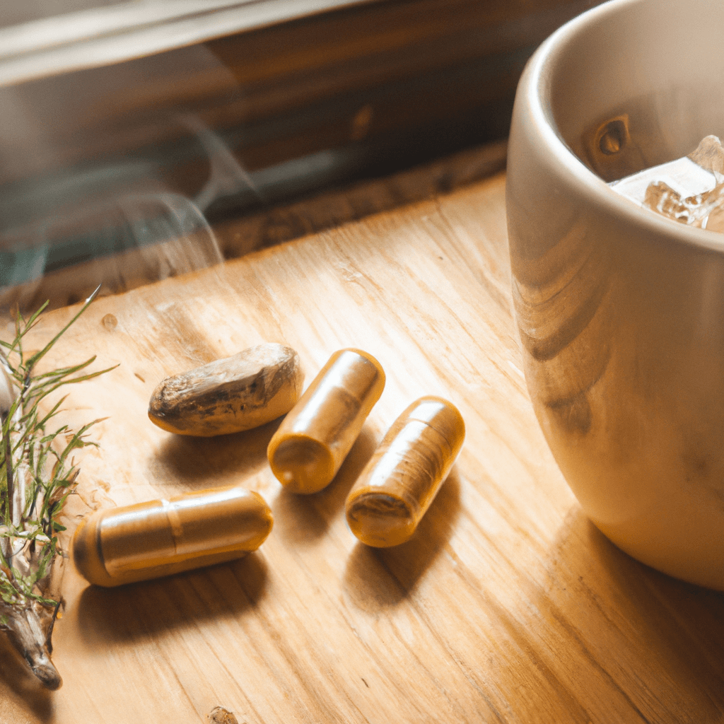 Top Meds for Brain Fog: Effective Solutions to Enhance Clarity 1 -up of a steaming cup of ginkgo biloba tea next to a neat arrangement of omega-3 supplements, vitamin B complex pills, and Lion's Mane mushroom capsules on a wooden desk