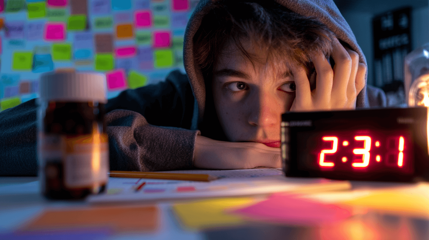 Is ADHD a Disability? 1 A close-up of a young person's face, half in shadow, eyes revealing both struggle and determination. Their hand holds a pill bottle while the other grips a pencil hovering over scattered homework. A digital clock shows 2:37 AM. The background contains blurred organizational systems - calendars, sticky notes, and color-coded folders - illuminated by soft lamp light, capturing the complex reality of ADHD.