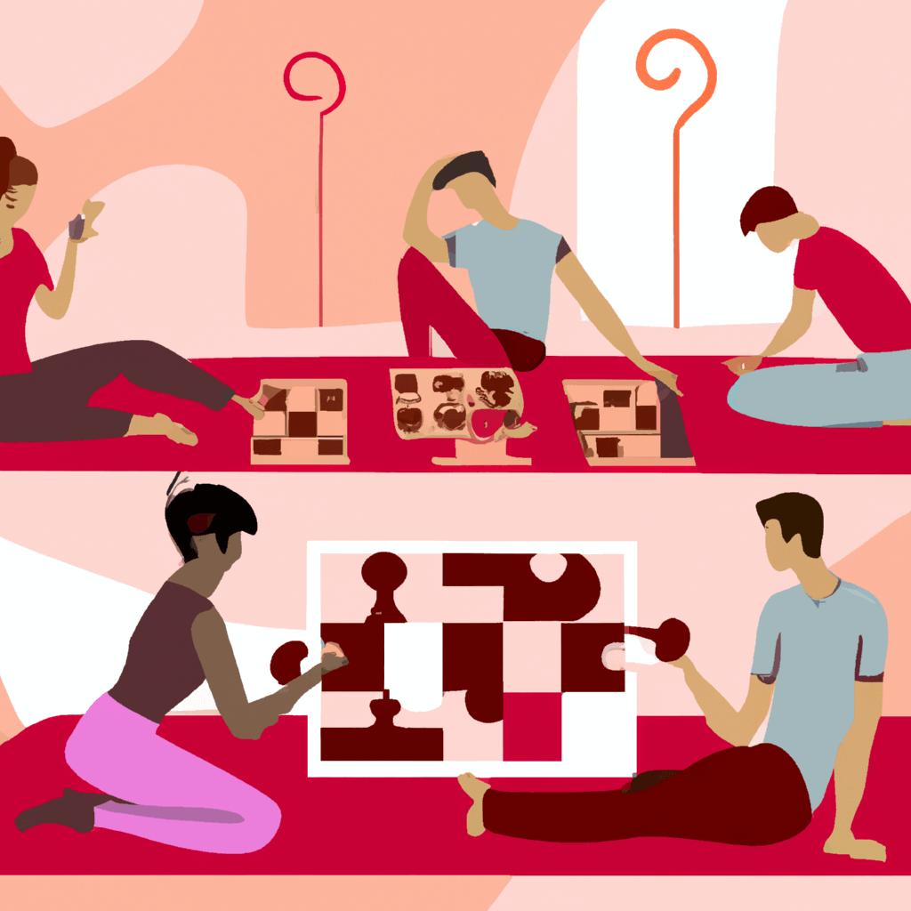 An image showcasing a diverse group of people engaged in various activities that stimulate cognitive health, including yoga, playing chess, solving puzzles, painting, meditating, and engaging in physical exercise