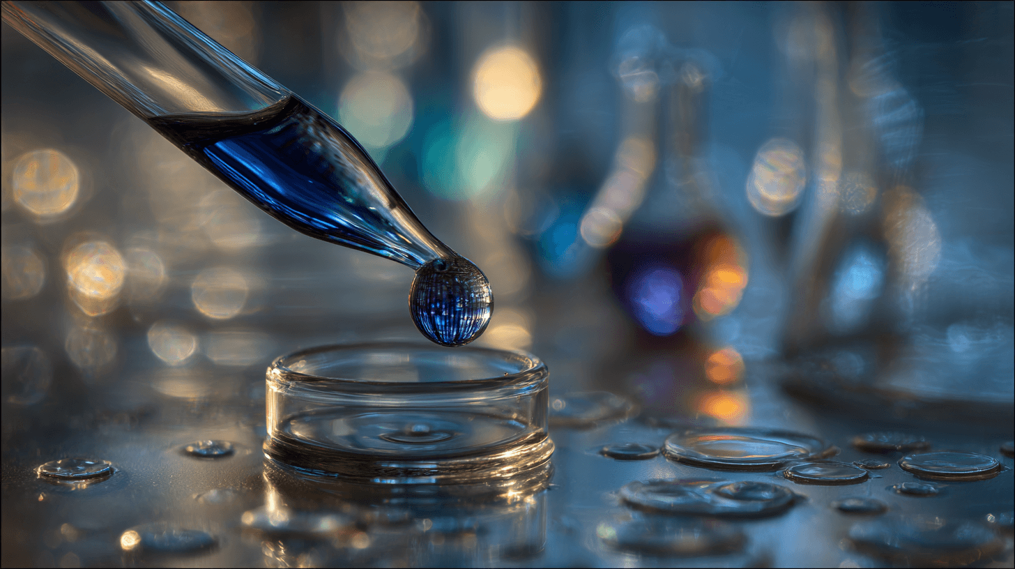 What Science Reveals About Methylene Blue Benefits: From Brain Power and Mitochondrial Energy to Emerging Health Uses 1 High-end macro photograph: a cobalt-blue droplet in a glass pipette poised above a beaker, spiraling into luminous swirls. Behind, a translucent brain model glows with delicate electric filaments, while soft, mitochondria-like bokeh orbs shimmer. Stainless lab bench with petri dishes and amber vials catches cool rim light. Ultra-shallow depth of field, crisp micro-contrast, cinematic cool palette, natural morning window light, no text