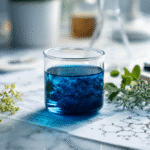 A pristine laboratory setting bathed in natural window light, featuring a clear glass beaker containing vibrant methylene blue solution in deep sapphire tones. Surrounding the beaker are fresh medicinal herbs, white blood cells under a microscope slide, neural pathway diagrams, and scattered pharmaceutical research papers. Shot with shallow depth of field using a macro lens, the composition emphasizes the crystalline liquid's luminous quality against a clean white marble countertop.