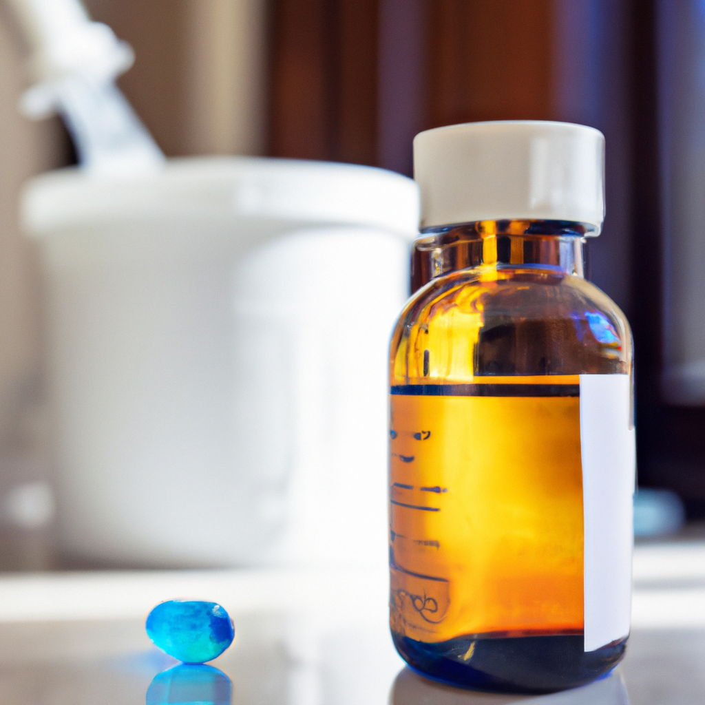 Methylene Blue and Depression: Exploring Potential Benefits and Safety Considerations 1 P still life on a marble lab bench: a small amber vial labeled only by a blue cap, beside a glass dropper beading vivid cobalt liquid into a clear beaker