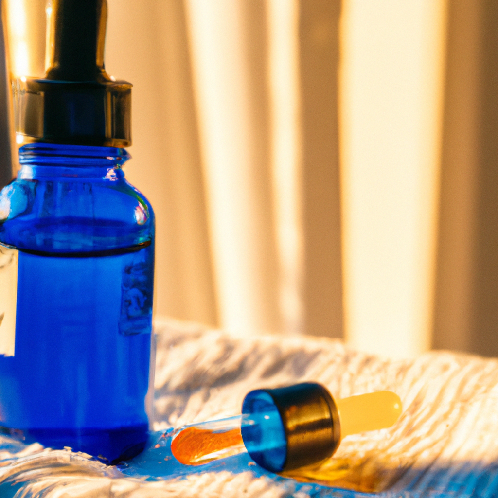 Methylene Blue and Fibromyalgia: What Science and Early Research Suggest 1 Hour close-up of an amber glass dropper bottle labeled only by its cobalt liquid, resting beside scattered blue capsules on a textured linen cloth