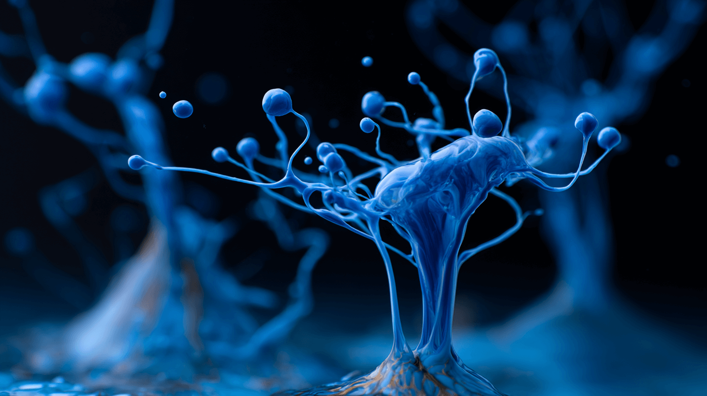 A macro photograph capturing a single drop of vivid methylene blue dye falling into clear water, creating ethereal wisps and tendrils that resemble neural pathways. Shot with shallow depth of field, the crystalline formations disperse upward like synaptic connections, illuminated by side lighting against a dark background. The deep azure gradient transitions from concentrated indigo to transparent cyan, symbolising cognitive transformation and neurological healing.