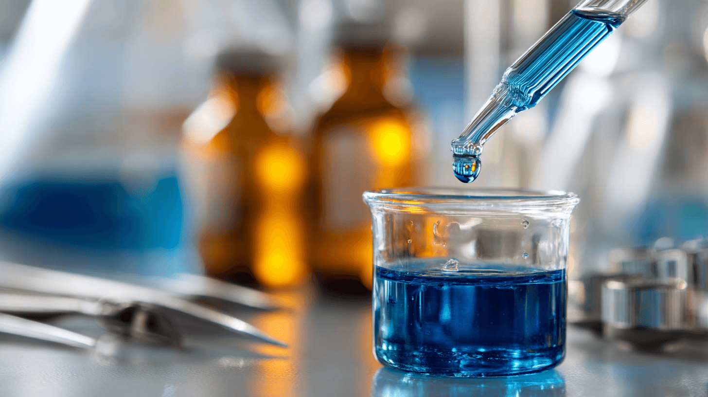 A clinical close-up photograph capturing a dropper releasing deep azure methylene blue liquid into a clear glass beaker on a sterile white laboratory counter. Soft natural light illuminates the crystalline droplet mid-fall, creating refraction patterns. In the blurred background, stainless steel medical instruments and amber prescription bottles suggest pharmaceutical research. Shot with shallow depth of field using professional macro lens, emphasizing the vibrant blue pigment's intensity.