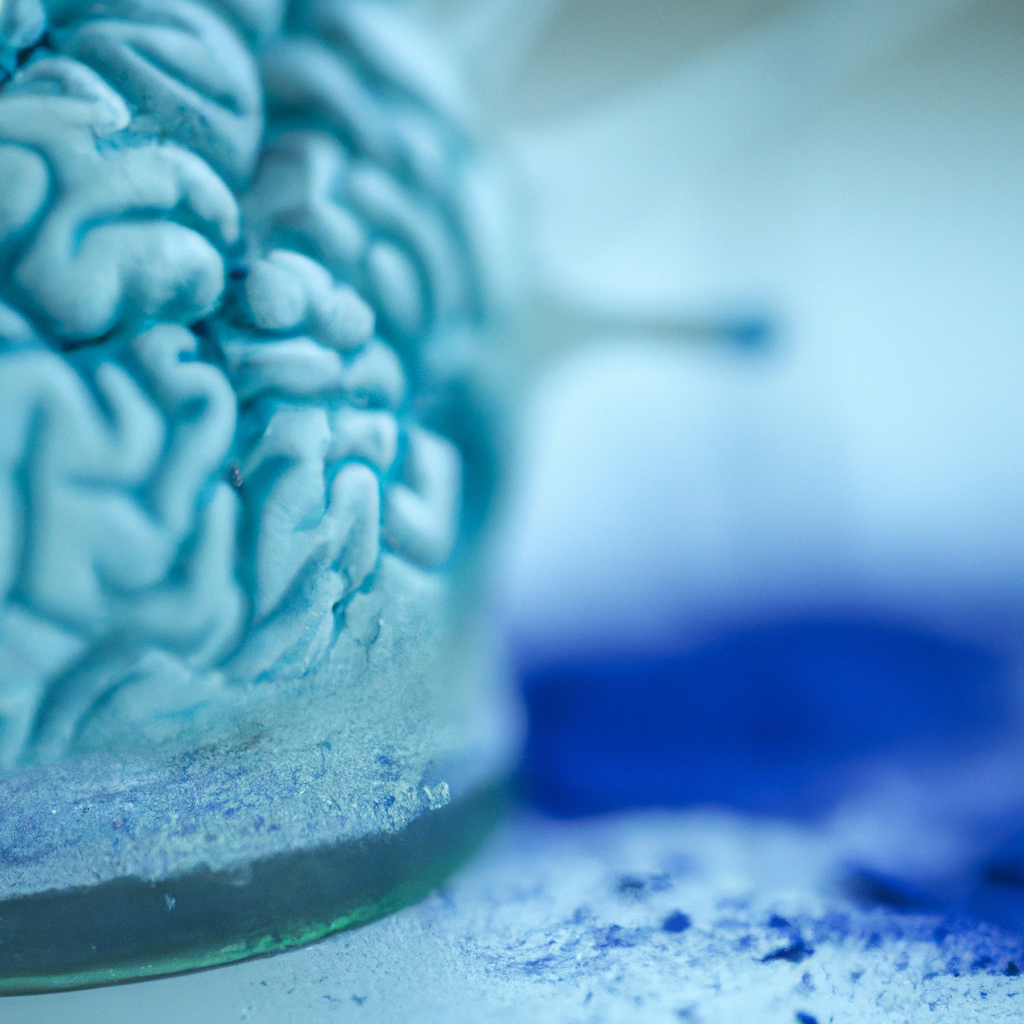 -up macro photograph captures crystalline methylene blue powder in deep sapphire hues scattered across a pristine white surface beside a detailed anatomical model of the human brain and spinal cord