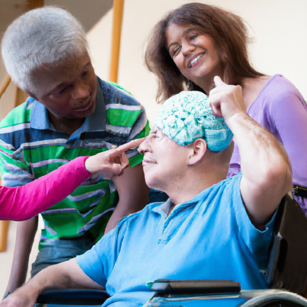 Se intergenerational group sits in a sunlit community center, examining three-dimensional brain models together