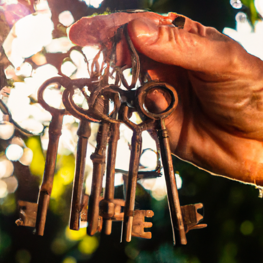 Ered hand holds a cluster of vintage brass keys suspended in golden hour light, each key catching warm sunlight against a soft-focus background of lush garden greenery