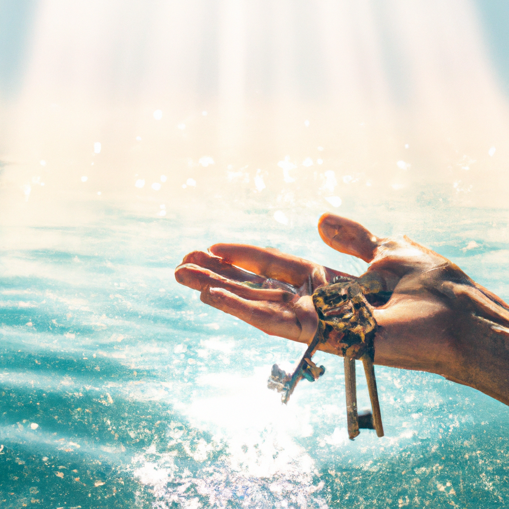 Renched hand emerges from crystalline turquoise water, palm open toward the sky, holding three ornate antique brass keys that drip with water droplets catching golden morning light