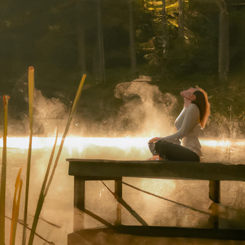 E woman sits cross-legged on weathered wooden dock at golden hour, eyes gently closed in meditation