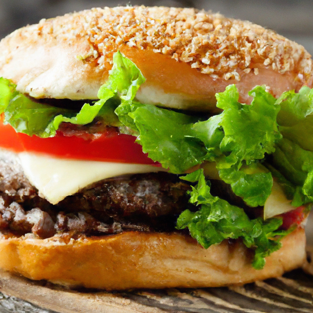 Nt, high-definition photo showcases a gourmet burger, its juicy patty garnished with fresh lettuce and tomato, on a textured wooden table