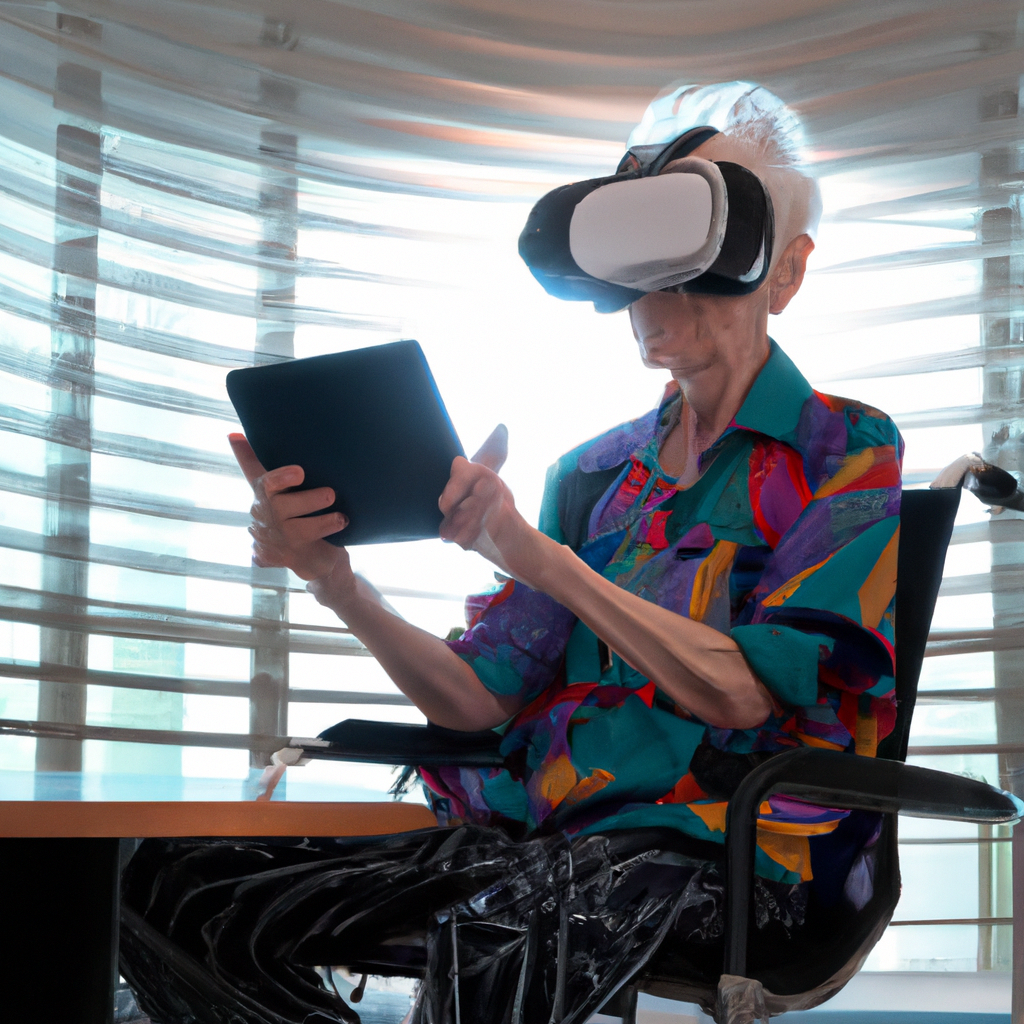 Rly woman wearing a sleek VR headset sits in a modern medical office, her silver hair contrasting against the device's matte black finish