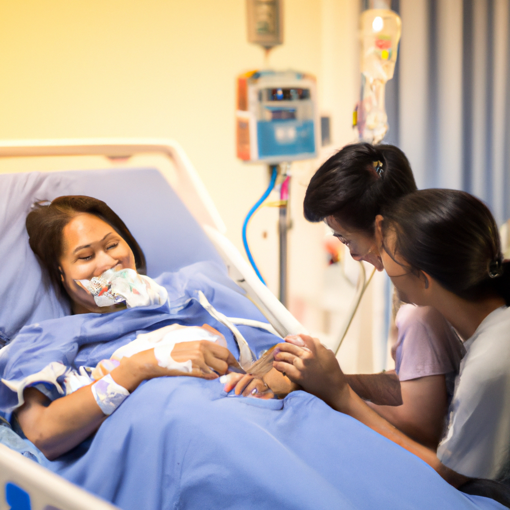 a sunlit hospital window, a middle-aged woman in a floral headscarf rests in her bed while her husband gently holds her hand