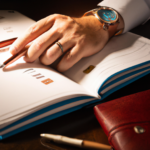Essman's wrist in sharp focus wearing a luxury Swiss watch, captured in dramatic side lighting